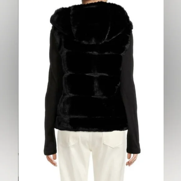 ADRIENNE LANDAU Reversible Faux Fur Hooded Vest Black / Animal $295 - Picture 4 of 15